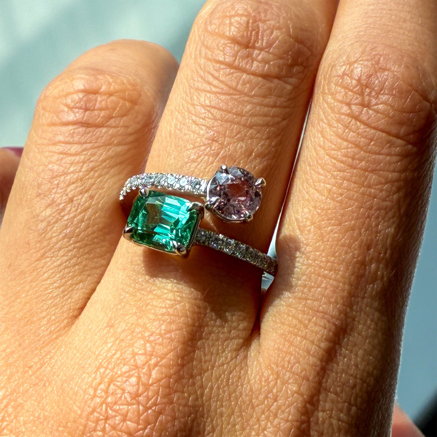 Green Tourmaline & Peach Sapphire Bypass Ring