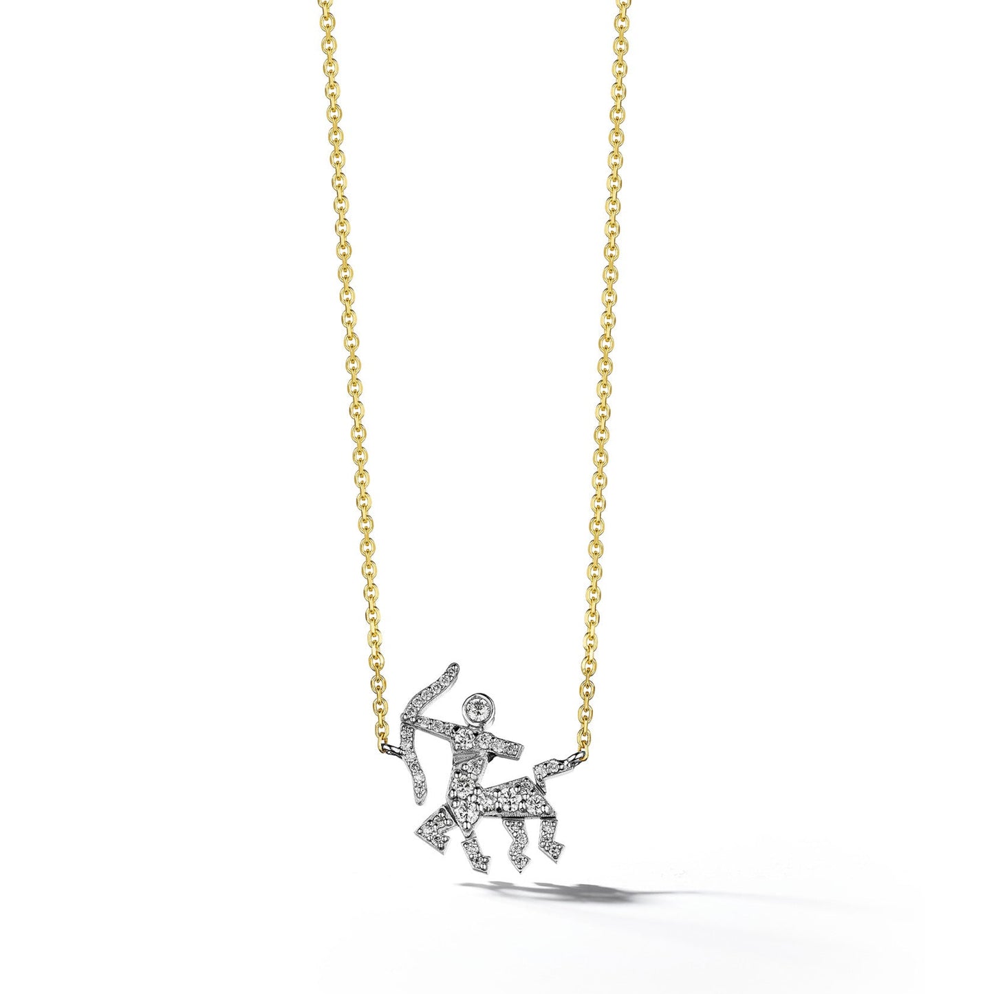 A Sagittarius-themed necklace with a pavé diamond centaur set in 18-karat white gold on an 18-karat yellow gold chain, featuring a lobster clasp closure.