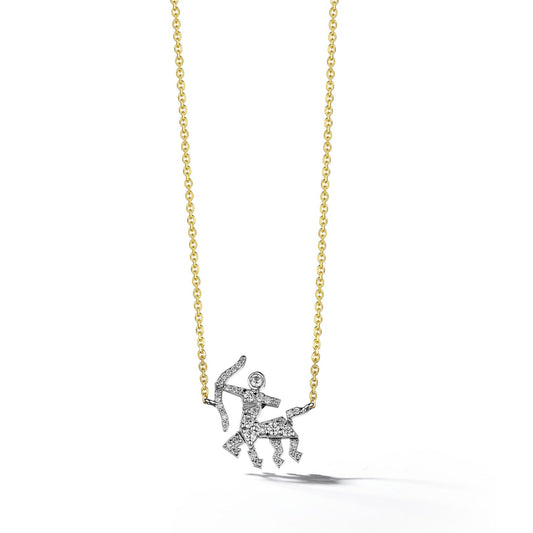 A Sagittarius-themed necklace with a pavé diamond centaur set in 18-karat white gold on an 18-karat yellow gold chain, featuring a lobster clasp closure.