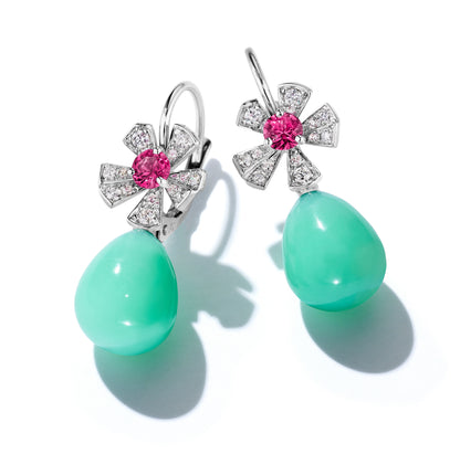Wonderland Drop Green Opal PV DIA/PINK Spinel Earrings, 18KW