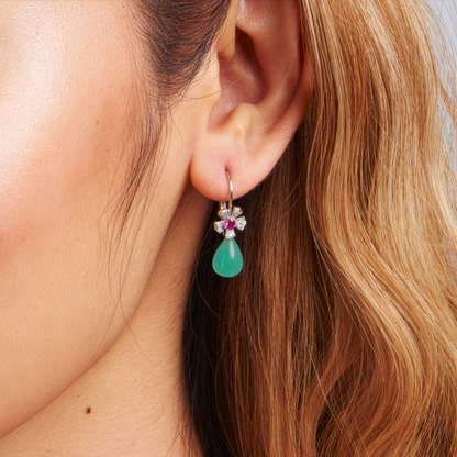 Wonderland Drop Green Opal PV DIA/PINK Spinel Earrings, 18KW