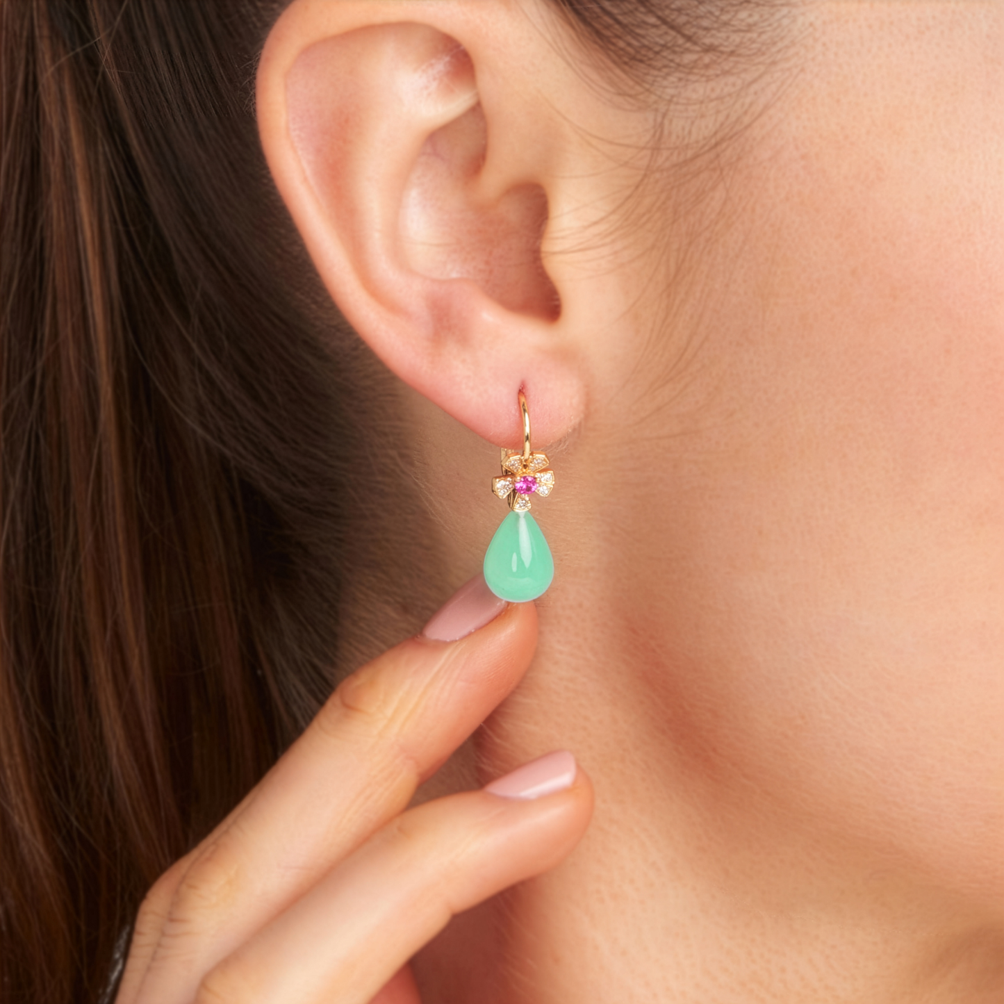 Wonderland Orchid Drop Green Opal PV DIA/PINK Spainel Earring, 18KY