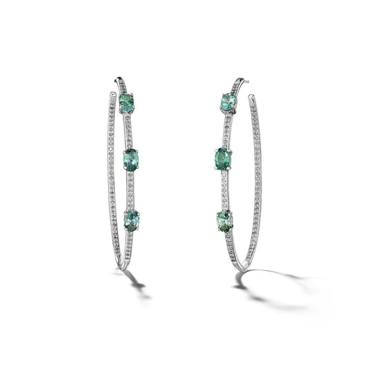 Lula Oval Green Tourmaline & Diamond Hoops_18k White Gold