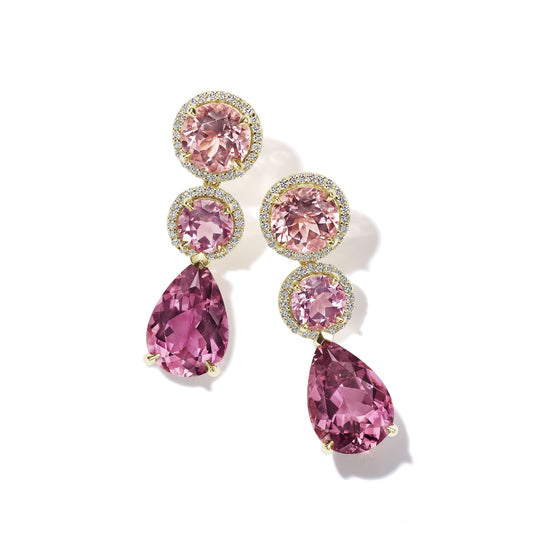 Pink Tourmaline 3-Drop Diamond Earrings, 18KY