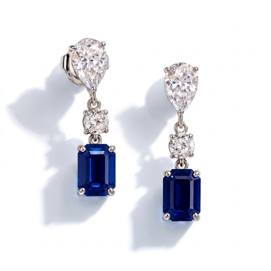 Classic 3-Drop Blue Sapp/Dia Earrings, 18KW