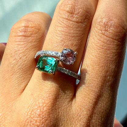 Green Tourmaline & Peach Sapphire Bypass Ring