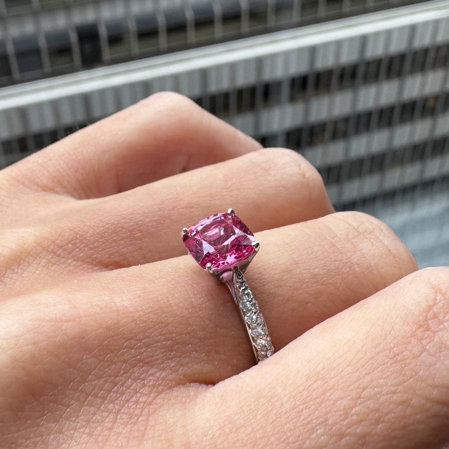 Neon Pink Spinel & Pavé Diamond Ring