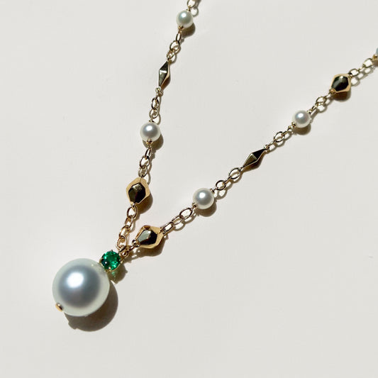 Jackson Pearl Station Necklace with Emerald - 16in