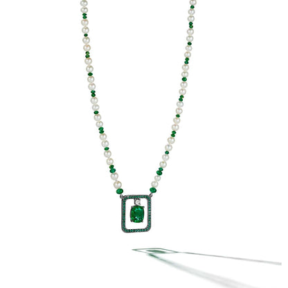 Piece Swing Emerald, Pearl & Carré Cut Diamond Necklace