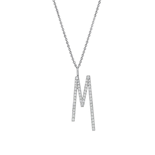 Type Letter M Diamond Pendant Necklace_18k White Gold