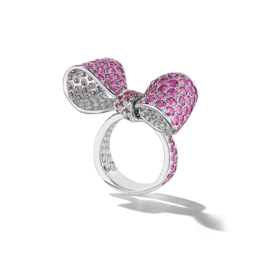Bow Pink Sapphire & Diamond Ring w/Pavé Shank – Medium