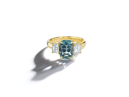 Aquamarine & Diamond 3-stones Engagement Ring