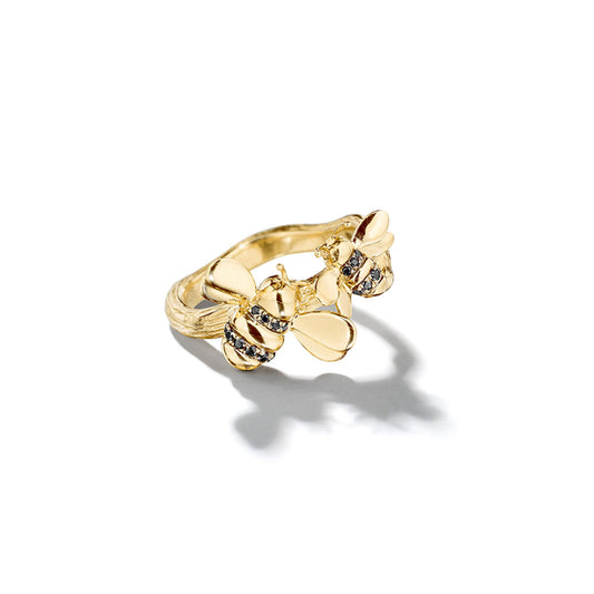 Wonderland Double Bumble Bee Black Diamond Ring 18K yellow gold