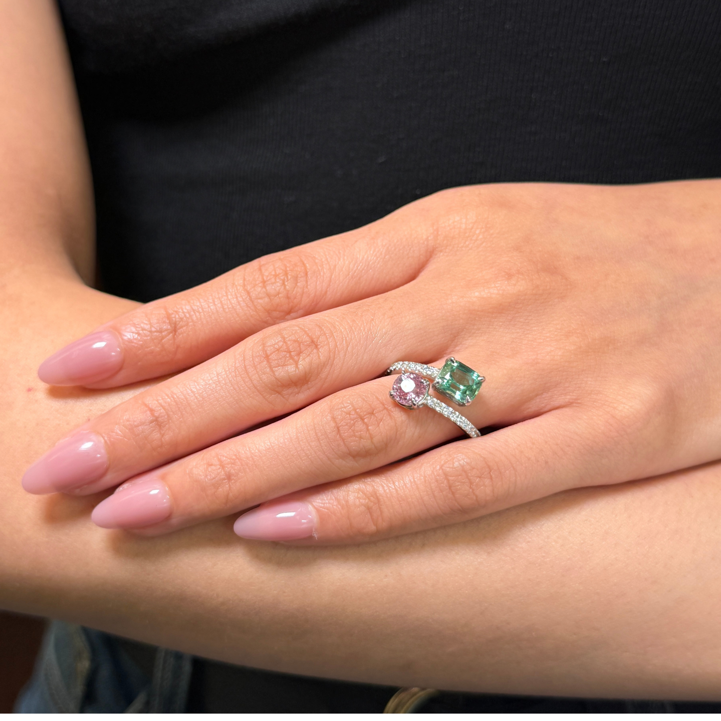 Tourmaline & Emerald Bypass Diamond Ring, PLT