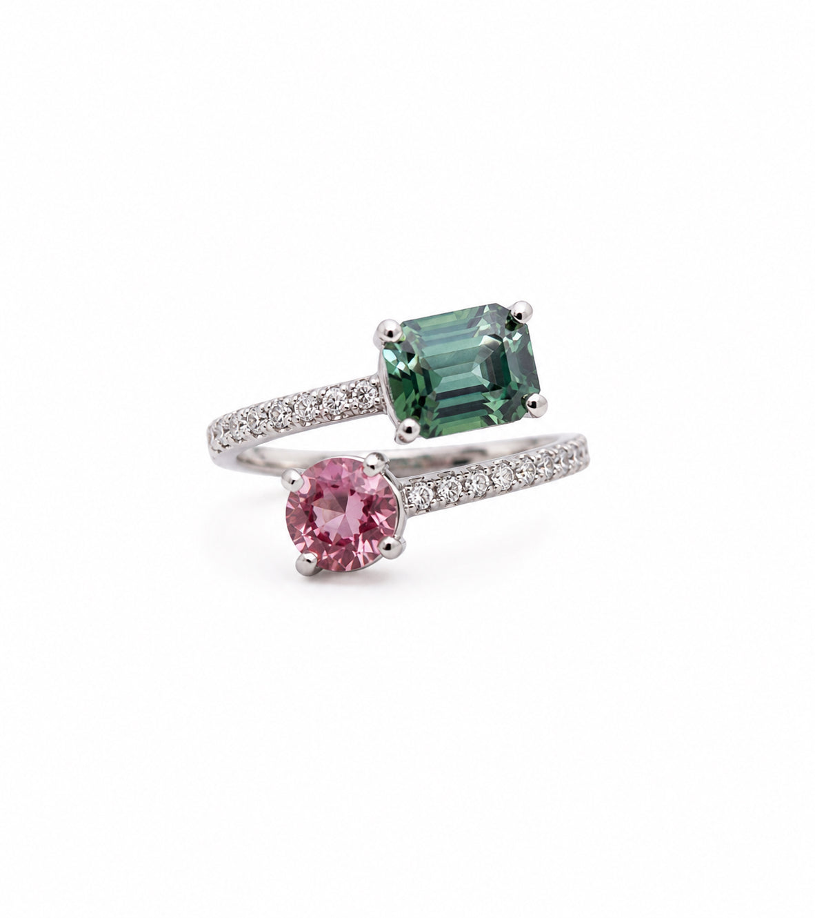 Tourmaline & Emerald Bypass Diamond Ring, PLT