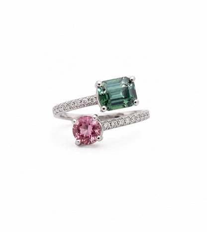 Tourmaline & Emerald Bypass Diamond Ring, PLT