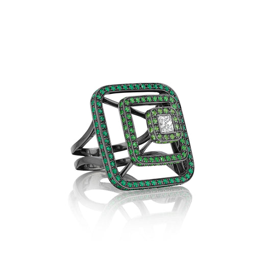 Piece Pyramid Ring – 3D Tsavorite/Diamond